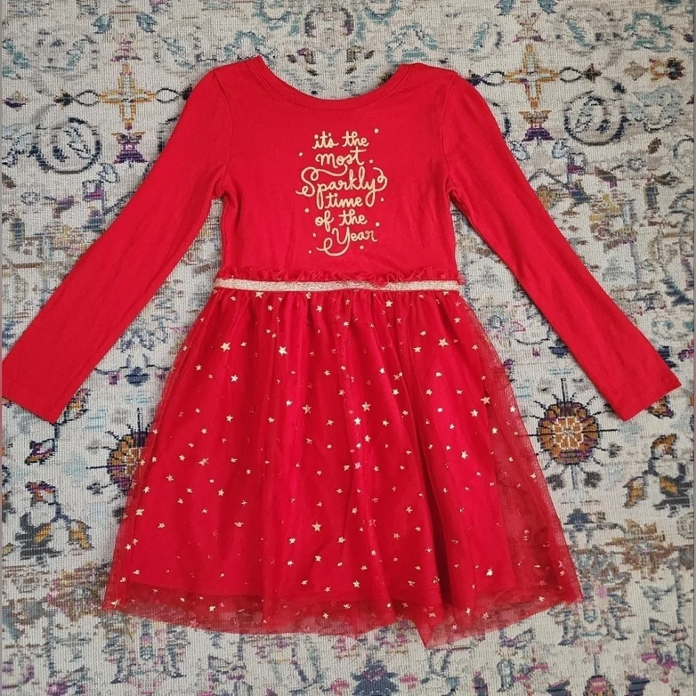 Cat & Jack Girls Red Christmas Holiday 'Tis The Season' Dress, size 6/6x